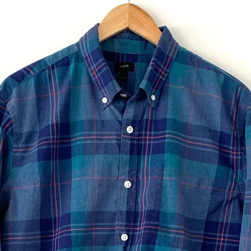 J. Crew Men's Blue & Purple Plaid Cotton Long Sleeve Shirt Sz L Preppy Academia